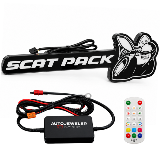 Dodge Scat pack  RGB Flow Series LED grille emblem kit with 2-in-1 hybrid flow series controller, including RF handheld remote, plug-and-play wiring harness with an in-line-fuse.