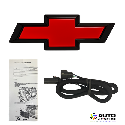 Red/black LED Bowtie emblem with plug-and-play harness and install guide