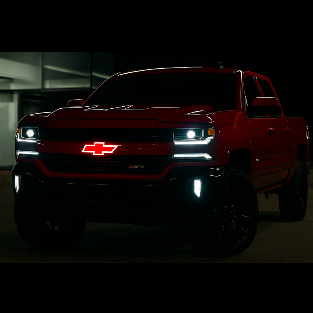 Red Chevrolet truck with illuminated logo in a dark setting