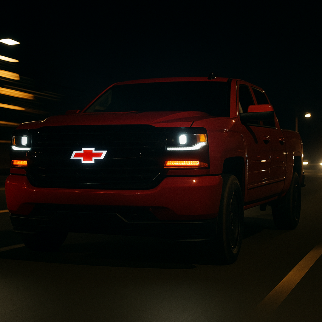 Red Chevrolet truck with illuminated headlights on a dark road