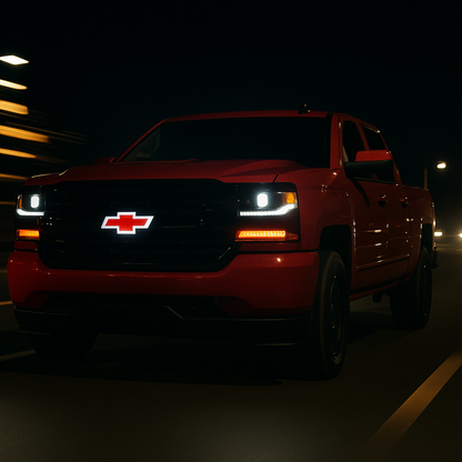 Red Chevrolet truck with illuminated headlights on a dark road