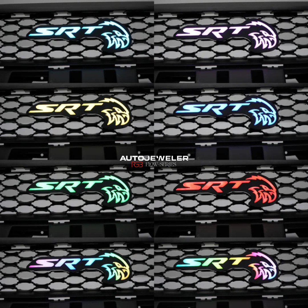 AutoJeweler SRT Hellcat RGB LED grille emblem showing solid color lighting options on front grille installation setup during day time