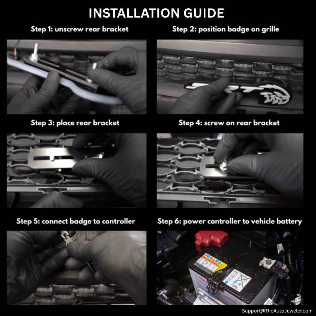 Step-by-step installation guide for AutoJeweler SRT Trackhawk Hellhawk LED grille emblem with bracket mounting and battery wiring instructions