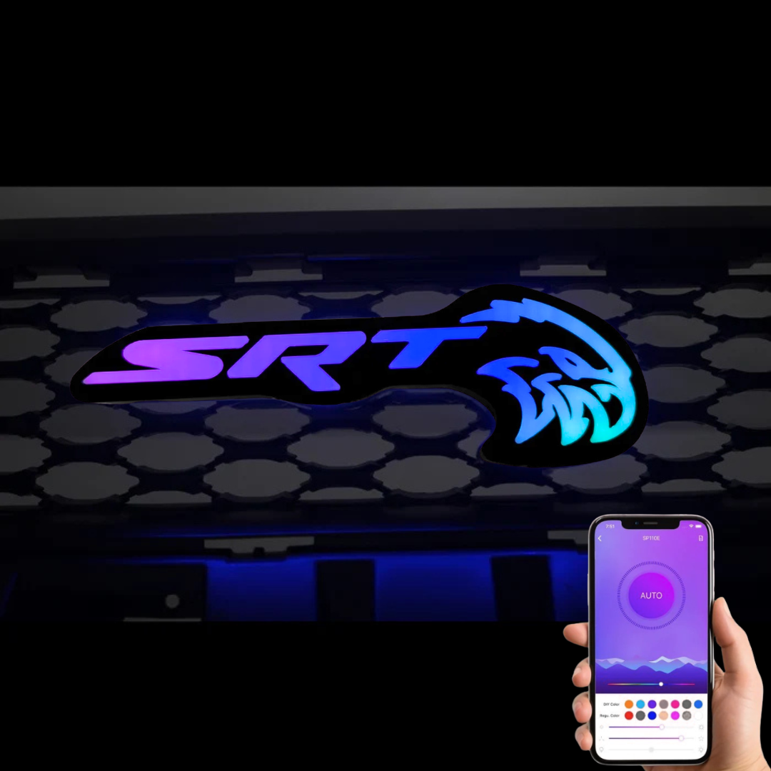 AutoJeweler SRT Trackhawk Hellhawk RGB Flow Series LED emblem with Bluetooth smartphone app control and multicolor lighting effects