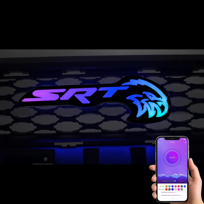 AutoJeweler SRT Trackhawk Hellhawk RGB Flow Series LED emblem with Bluetooth smartphone app control and multicolor lighting effects