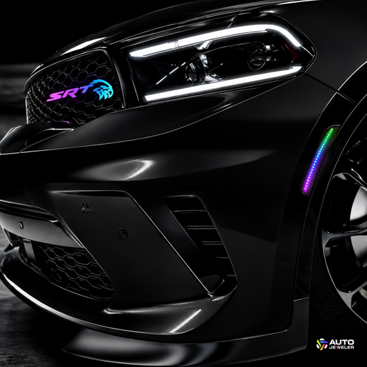 AutoJeweler SRT Trackhawk Hellhawk RGB Flow Series LED grille emblem installed on black Dodge performance vehicle with illuminated RGB side marker lights