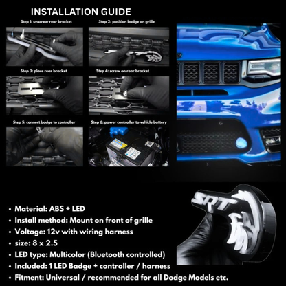AutoJeweler SRT Trackhawk Hellhawk RGB Flow Series LED emblem installation overview with grille mounting steps, wiring specs, and vehicle compatibility details
