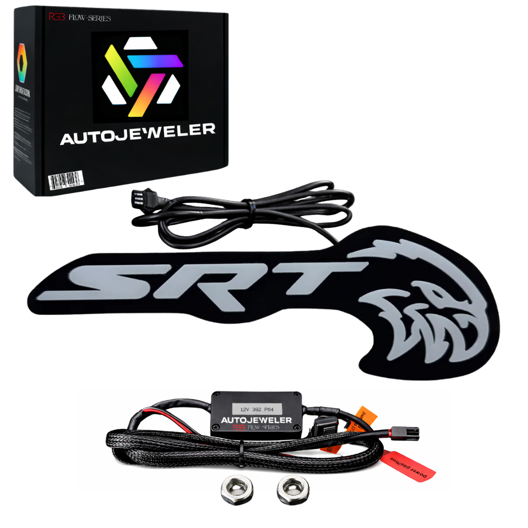 AutoJeweler SRT Trackhawk Hellhawk RGB Flow Series LED emblem kit with Bluetooth controller, premium wiring harness, mounting hardware, and retail packaging