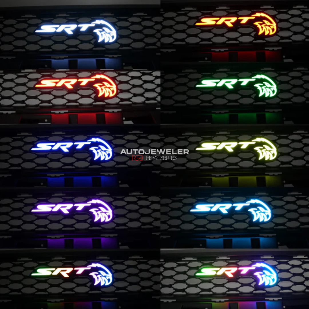 AutoJeweler SRT Hellcat RGB Flow Series LED grille emblem displaying multiple color modes and animated lighting effects at night time