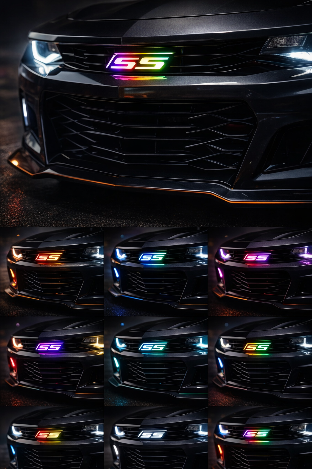 Chevy Camaro SS RGB Flow Series LED grille emblem displaying multiple color modes and flow effects, including multicolor, blue, purple, cyan, amber, green, and white