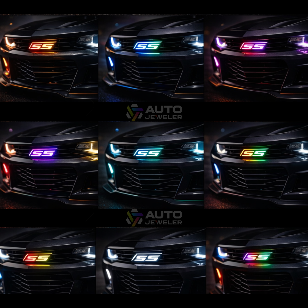 Chevy Camaro SS RGB Flow Series LED grille emblem showing multiple color modes including amber, blue, purple, cyan, green, white, and multicolor flow effects