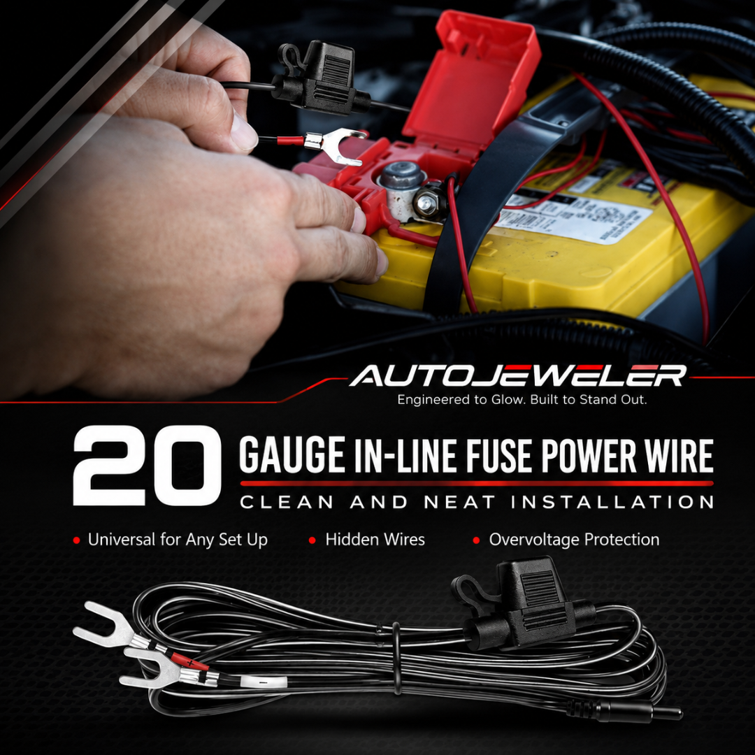 AutoJeweler 20 gauge in-line fuse power wire kit shown with a close-up of hands connecting the red and black terminal leads to a car battery, plus the coiled black wires and fuse clips displayed below on a dark background.