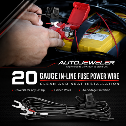 AutoJeweler 20 gauge in-line fuse power wire kit shown with a close-up of hands connecting the red and black terminal leads to a car battery, plus the coiled black wires and fuse clips displayed below on a dark background.