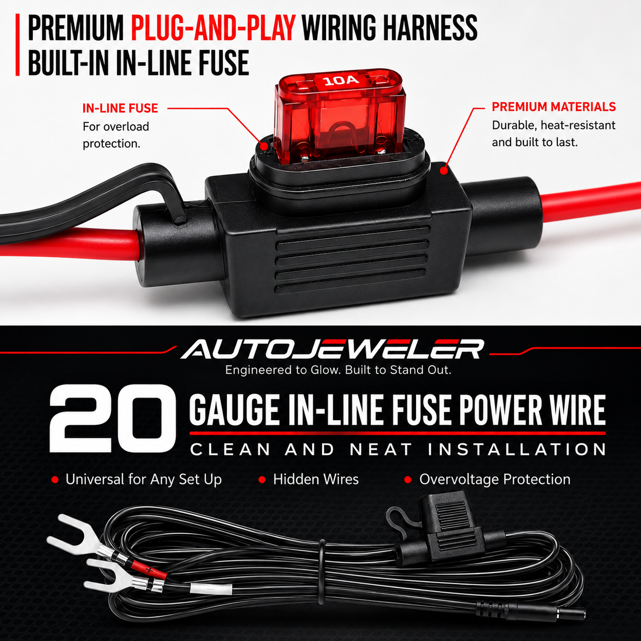 AutoJeweler 20 gauge in-line fuse power wire with built-in 10A fuse, ring terminals, plug-and-play harness, and clean hidden wiring for automotive LED emblem installations.