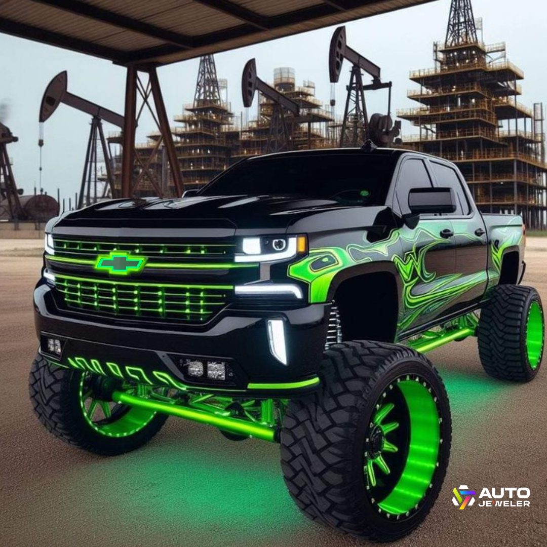 2014–2019 Chevy Silverado lifted truck with AutoJeweler White & Black RGB LED Bowtie Grille Emblem illuminated in green, aftermarket wheels, industrial background.
