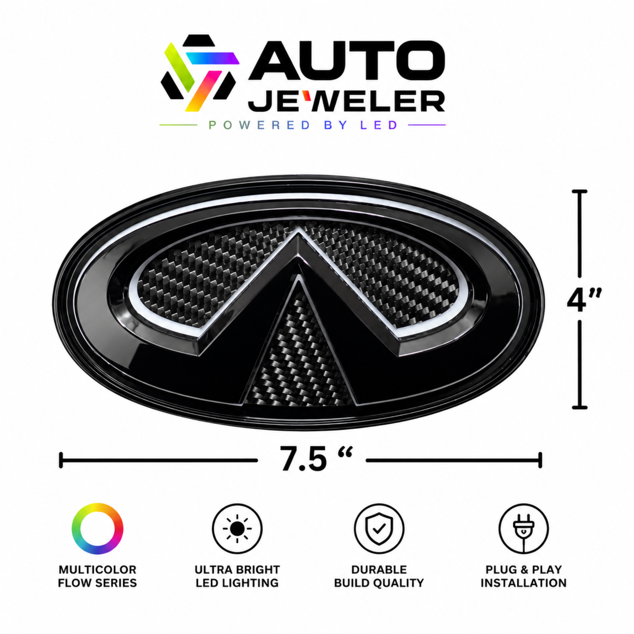 AutoJeweler dimensions guide for the 2018–2024 Infiniti Q50 V2 Flow Series LED grille emblem showing the gloss black and carbon fiber emblem with 7.5-inch width and 4-inch height.