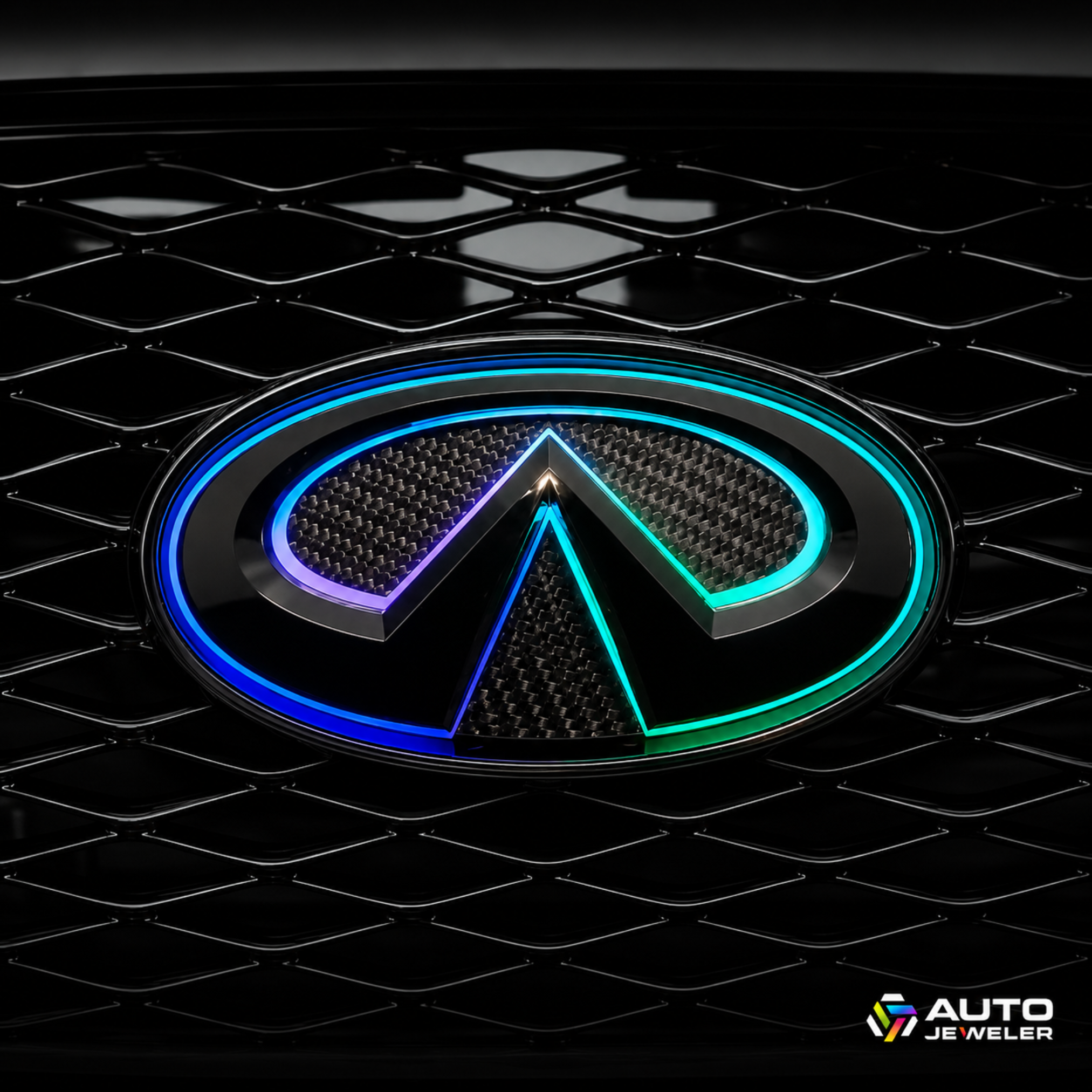 Close-up of the AutoJeweler 2018–2024 Infiniti Q50 V2 Flow Series LED grille emblem installed in the factory grille, featuring a gloss black housing, carbon fiber face, and animated blue and cyan multicolor lighting.
