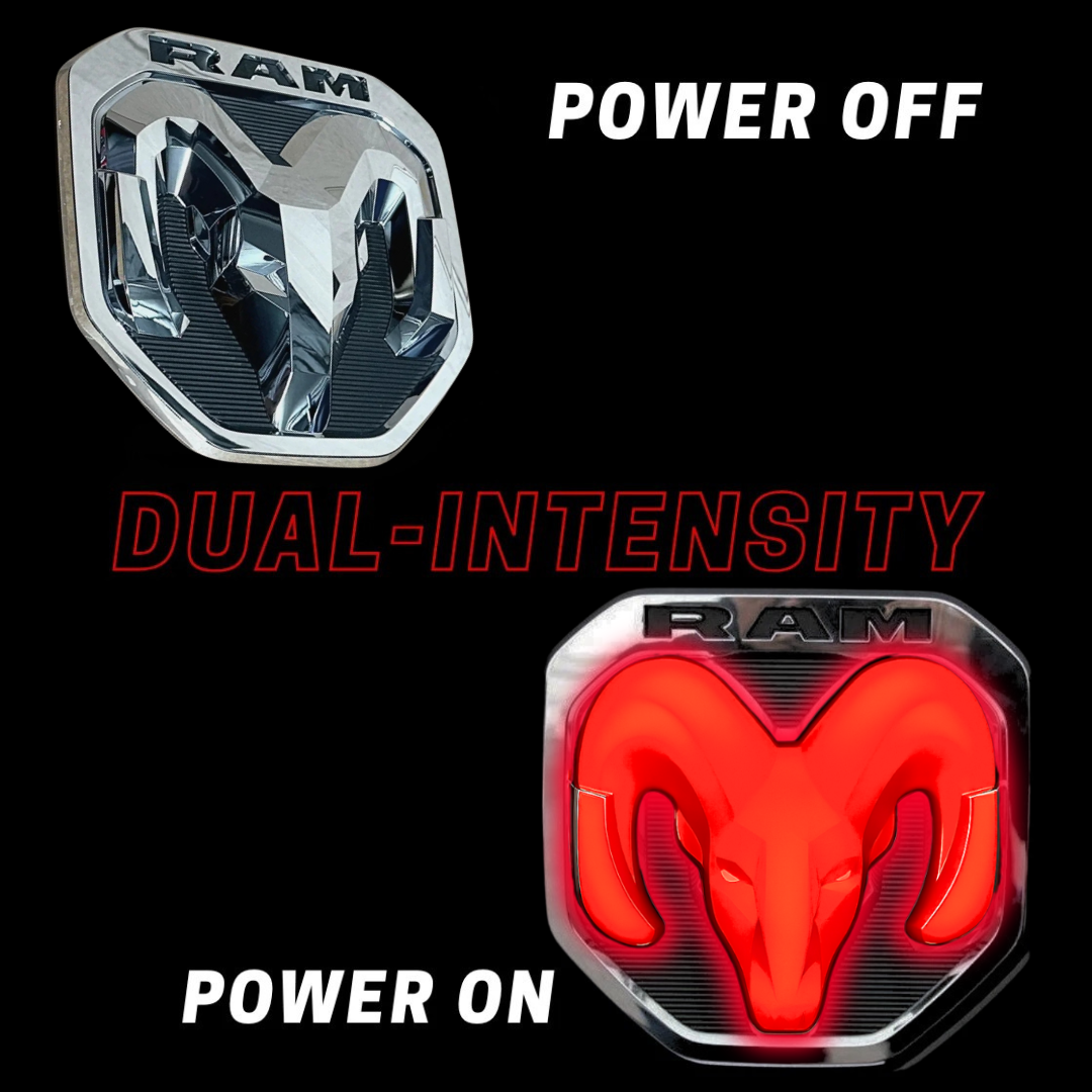 Power-off vs power-on view of the RAM lighted tailgate emblem, highlighting the dual-intensity red LED illumination.