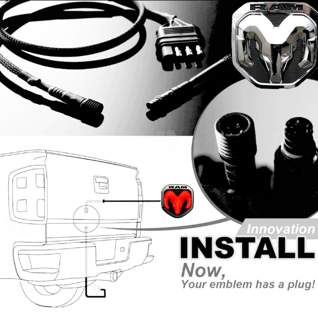 Installation diagram showing the RAM lighted tailgate emblem, plug-and-play wiring harness, and connection at the rear of the truck.