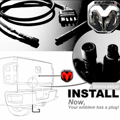 Installation diagram showing the RAM lighted tailgate emblem, plug-and-play wiring harness, and connection at the rear of the truck.