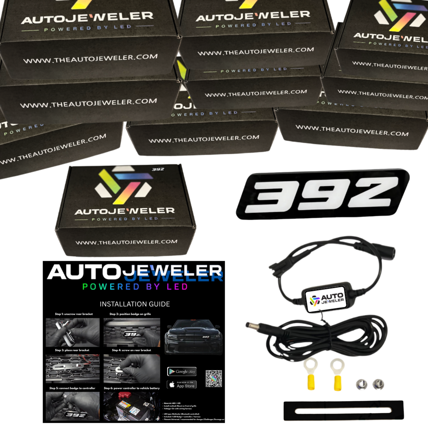 AutoJeweler 392 LED grille emblem kit with Bluetooth controller, wiring harness, hardware, install guide, and 10 products in stock with branded box on white background.