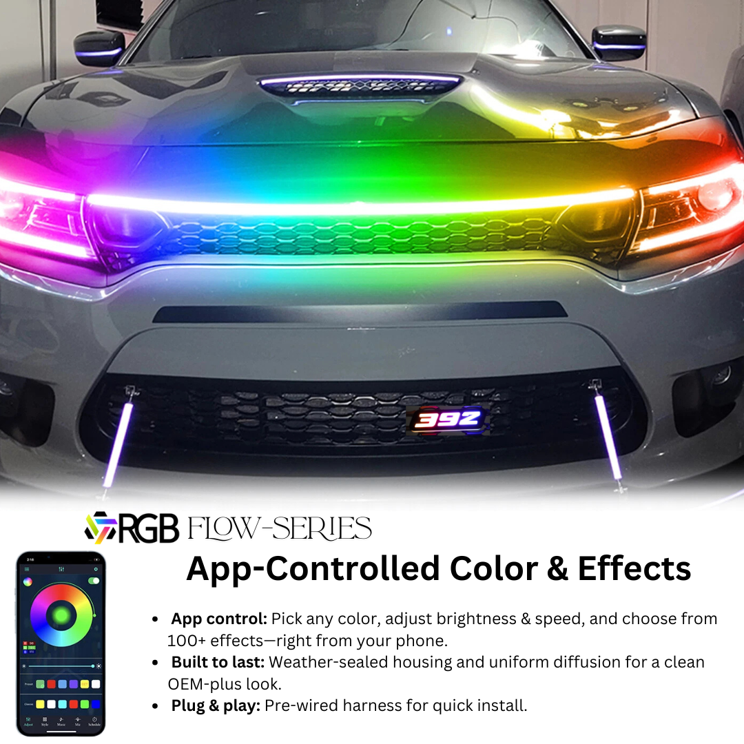 392 RGB Flow-Series LED grille emblem on Dodge Charger with rainbow lighting and phone app control – AutoJeweler.