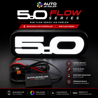 RGB Flow Series 5.0 LED grille emblem for Ford Mustang with Bluetooth control plug and play wiring harness AutoJeweler