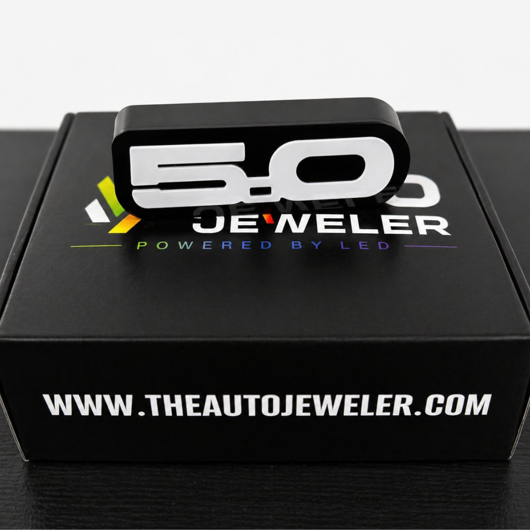 AutoJeweler 5.0 LED grille emblem packaging box with branding and product display aftermarket automotive lighting