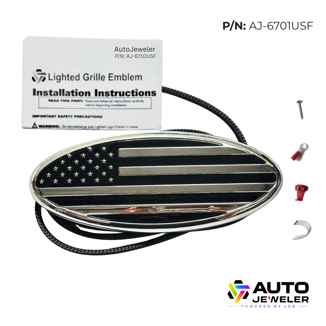 9” Chrome Oval Grille Emblem – White LED American Flag | Fits Most Ford Vehicles  Description: