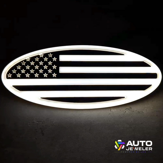9” Chrome Oval Grille Emblem – White LED American Flag | Fits Most Ford Vehicles  Description: