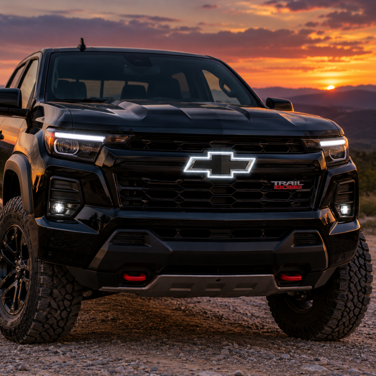 Illustrative black Chevrolet Colorado Trail Boss with glowing white LED bowtie emblem at sunset