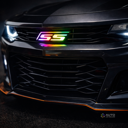 Camaro SS RGB Flow Series LED grille emblem with flowing multicolor lighting effect