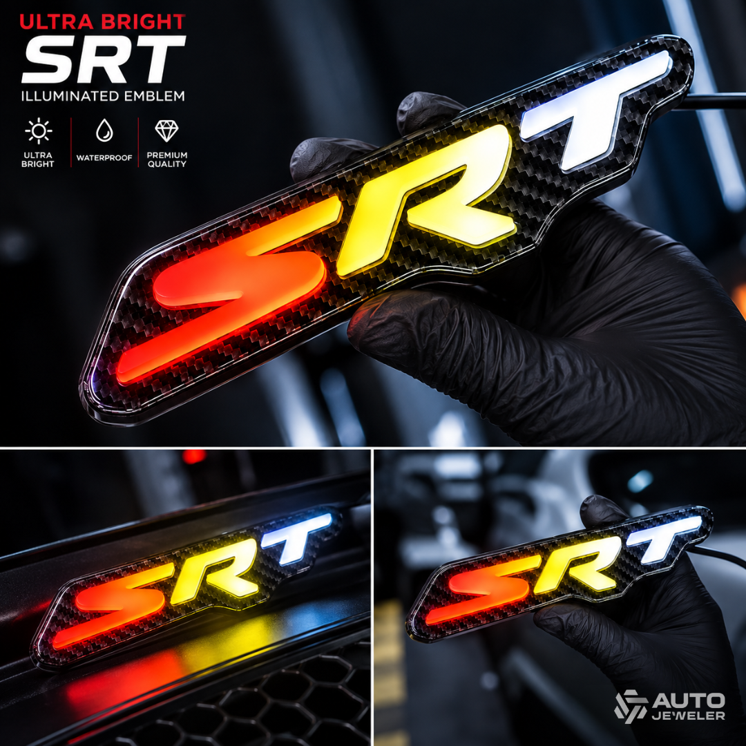 Feature infographic showing the ultra-bright carbon fiber SRT illuminated emblem with waterproof and premium-quality icons.