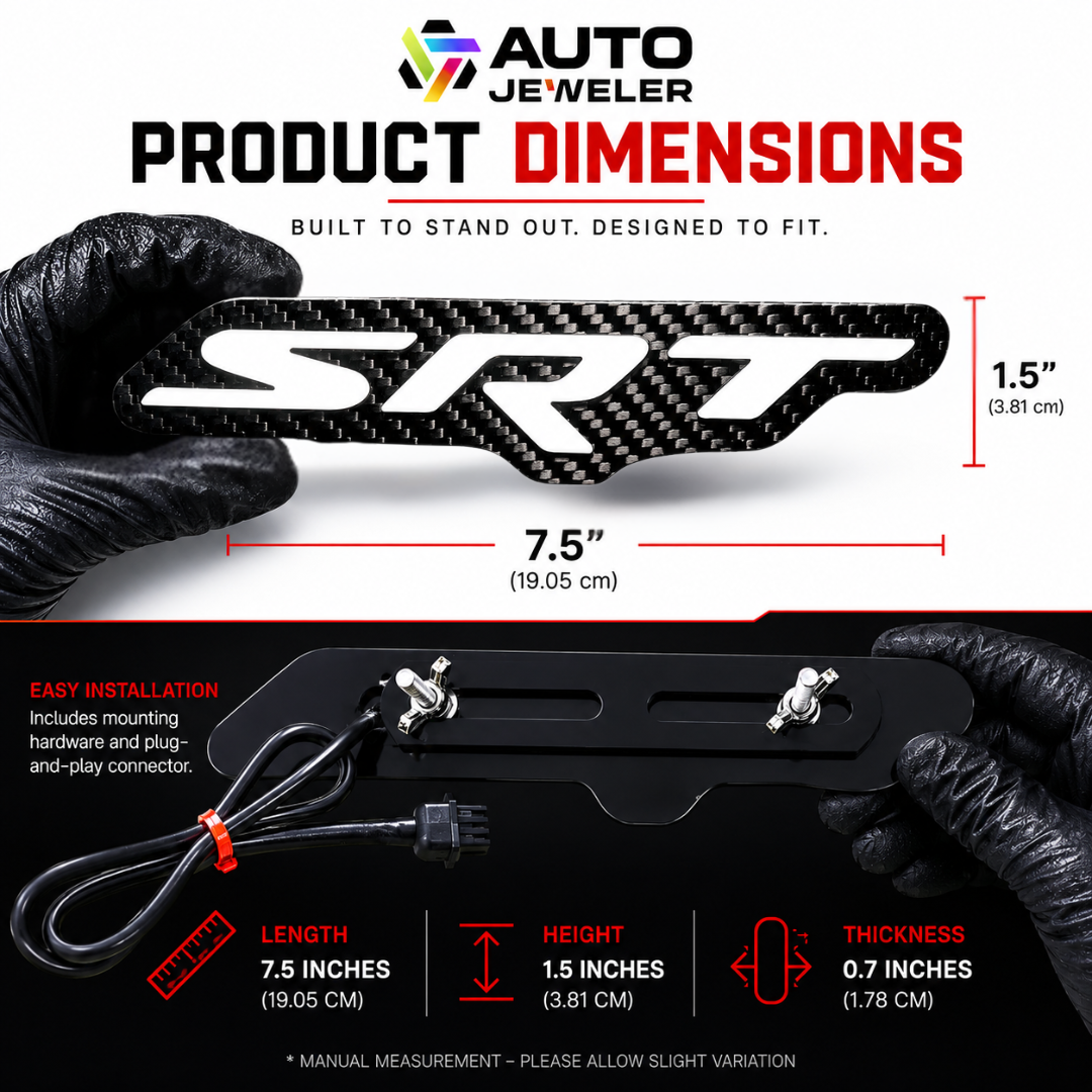 Product dimensions graphic for an Auto Jeweler SRT car emblem badge, showing a black carbon-fiber-textured badge with white SRT lettering, held by gloved hands with measurements of 7.5 inches by 1.