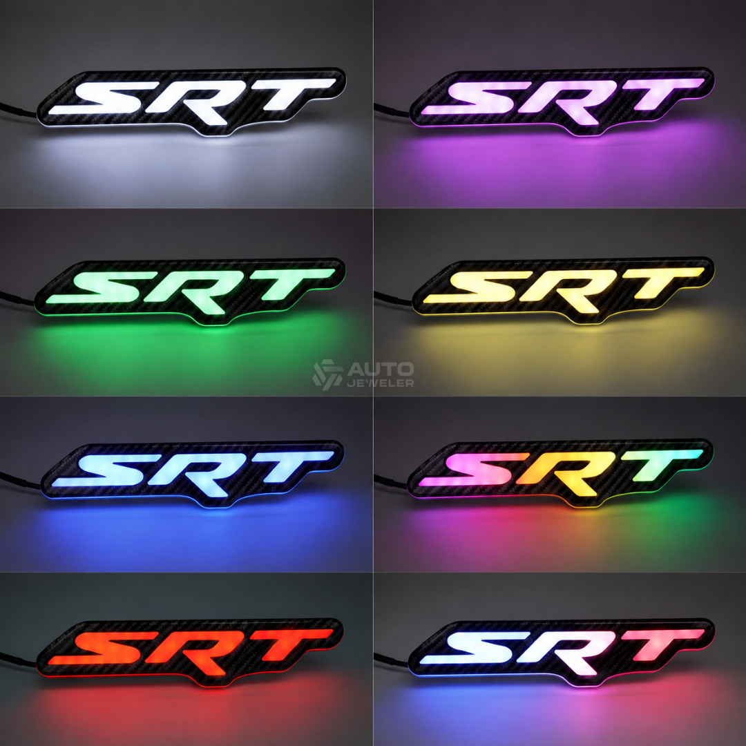 AutoJeweler carbon fiber SRT RGB Flow Series emblem shown glowing in white, purple, green, amber, blue, red, and multicolor modes.