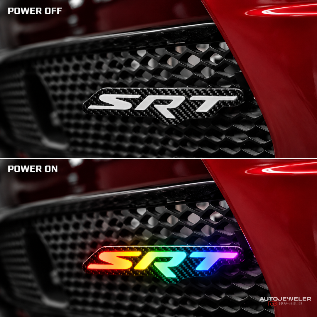 Power-off and power-on comparison of a carbon fiber SRT RGB grille emblem installed on a red vehicle and glowing rainbow.