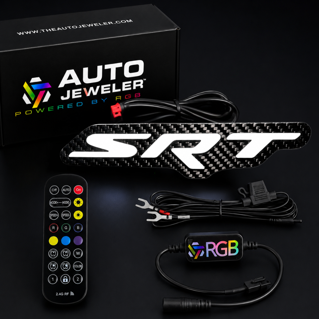 Complete AutoJeweler carbon fiber SRT RGB LED emblem kit with remote, RGB controller, fused power wire, cable, and box.