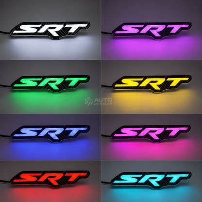 Carbon Fiber SRT Multicolor flow grille emblem lighting up in 8 differnt static colors.
