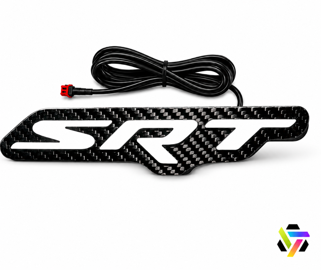AutoJeweler carbon fiber SRT RGB LED grille emblem powered off with white lettering and attached 