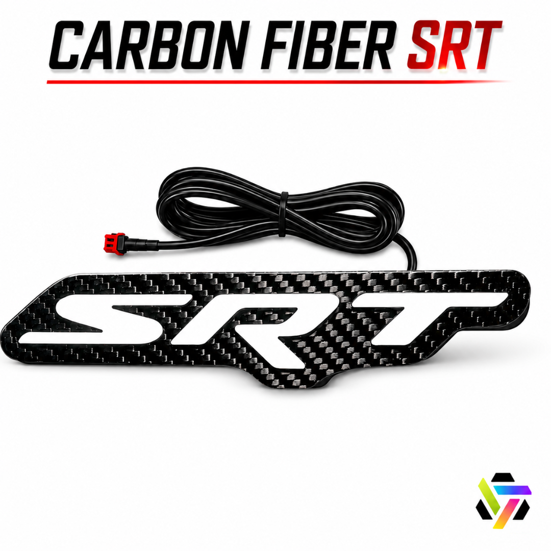 AutoJeweler carbon fiber SRT RGB LED grille emblem powered off with white lettering and attached 