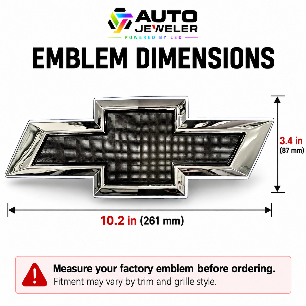 AutoJeweler Chevy chrome and black bowtie emblem dimensions chart showing 10.2-inch width and 3.4-inch height