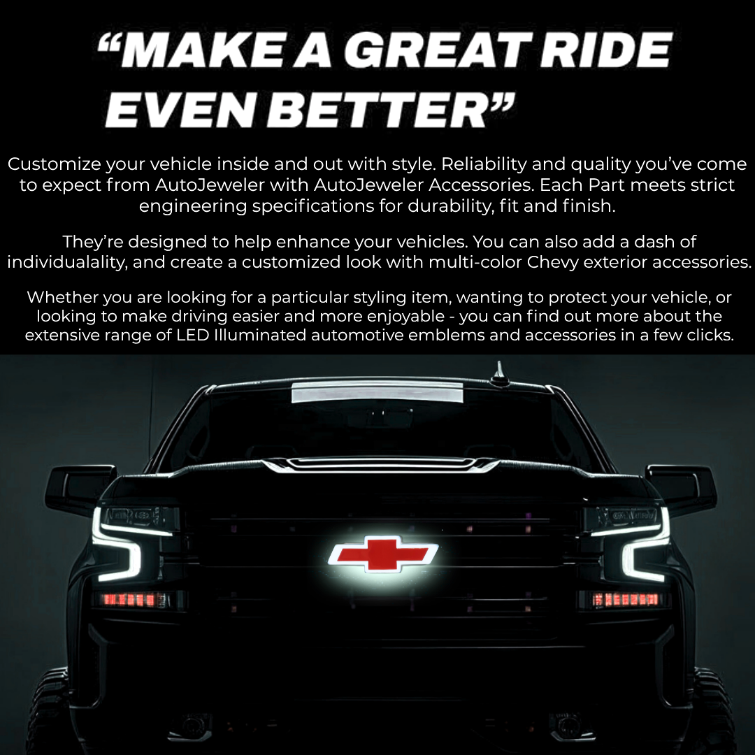 AutoJeweler brand banner with illuminated red/black Chevy Bowtie on Silverado