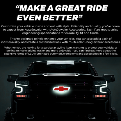 AutoJeweler brand banner with illuminated red/black Chevy Bowtie on Silverado
