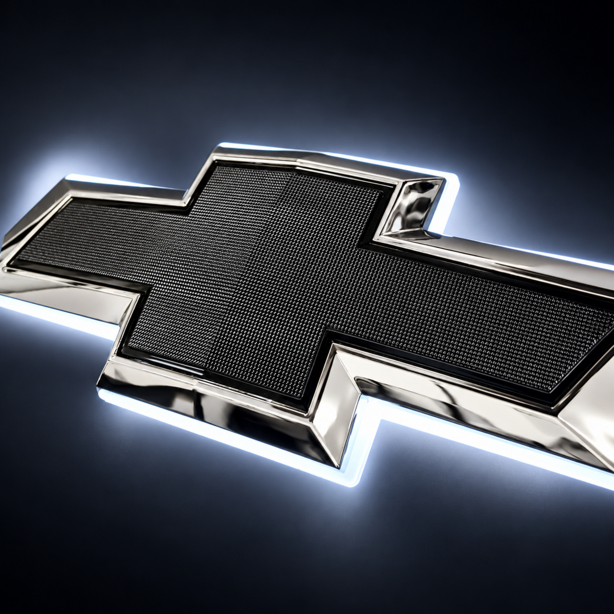 Close-up of chrome and black illuminated Chevy bowtie emblem with textured black center and white LED halo lighting