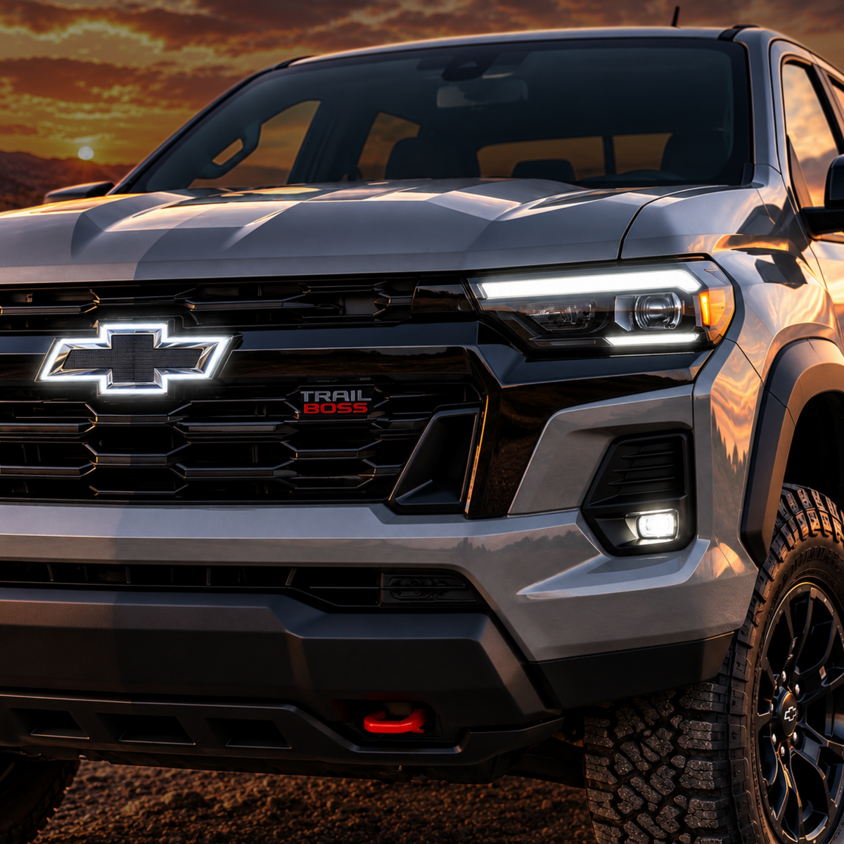 Illustrative Colorado Trail Boss front view with chrome and black white LED illuminated Chevy bowtie at sunset