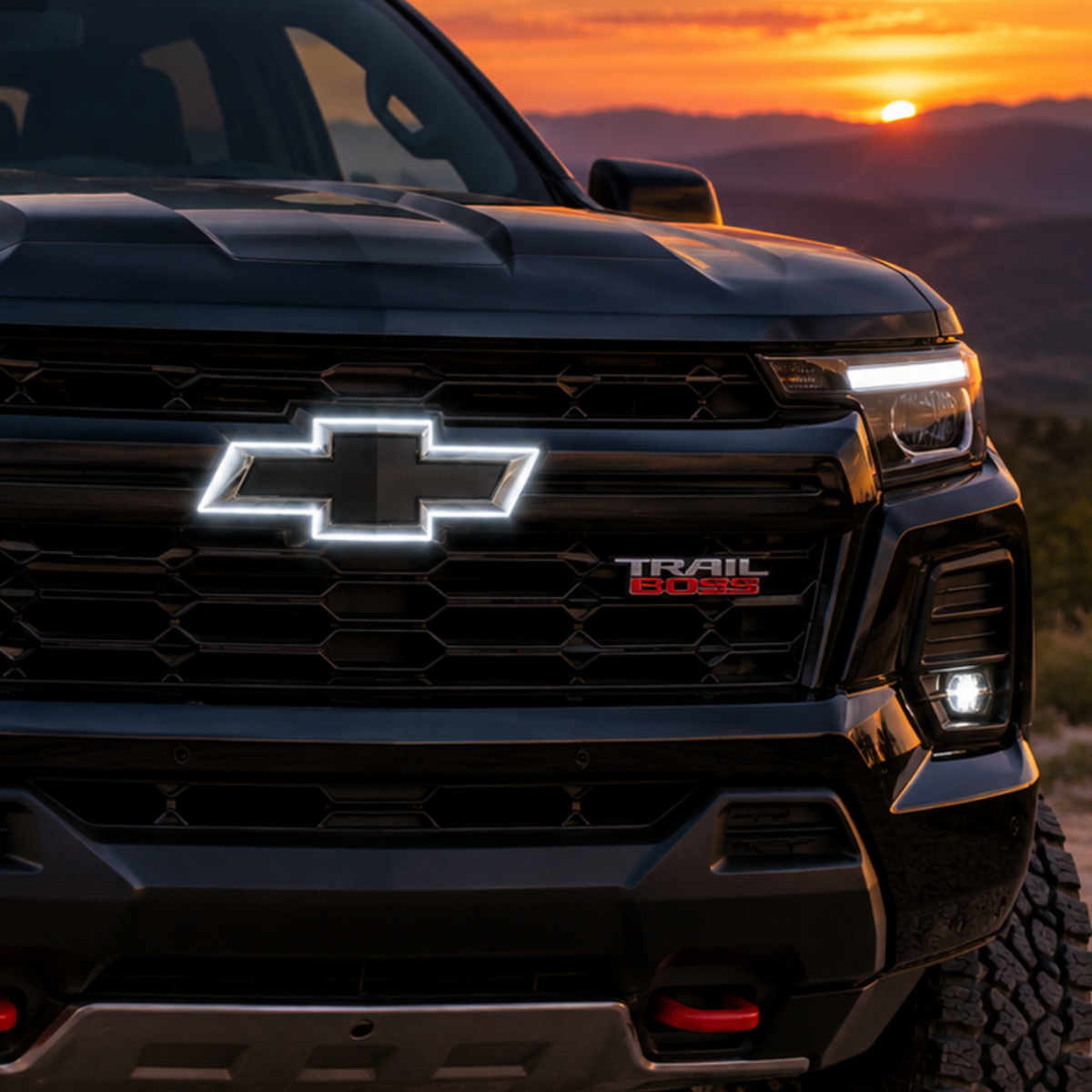 Illustrative Colorado Trail Boss close-up with chrome and black illuminated bowtie and white LED halo on front grille