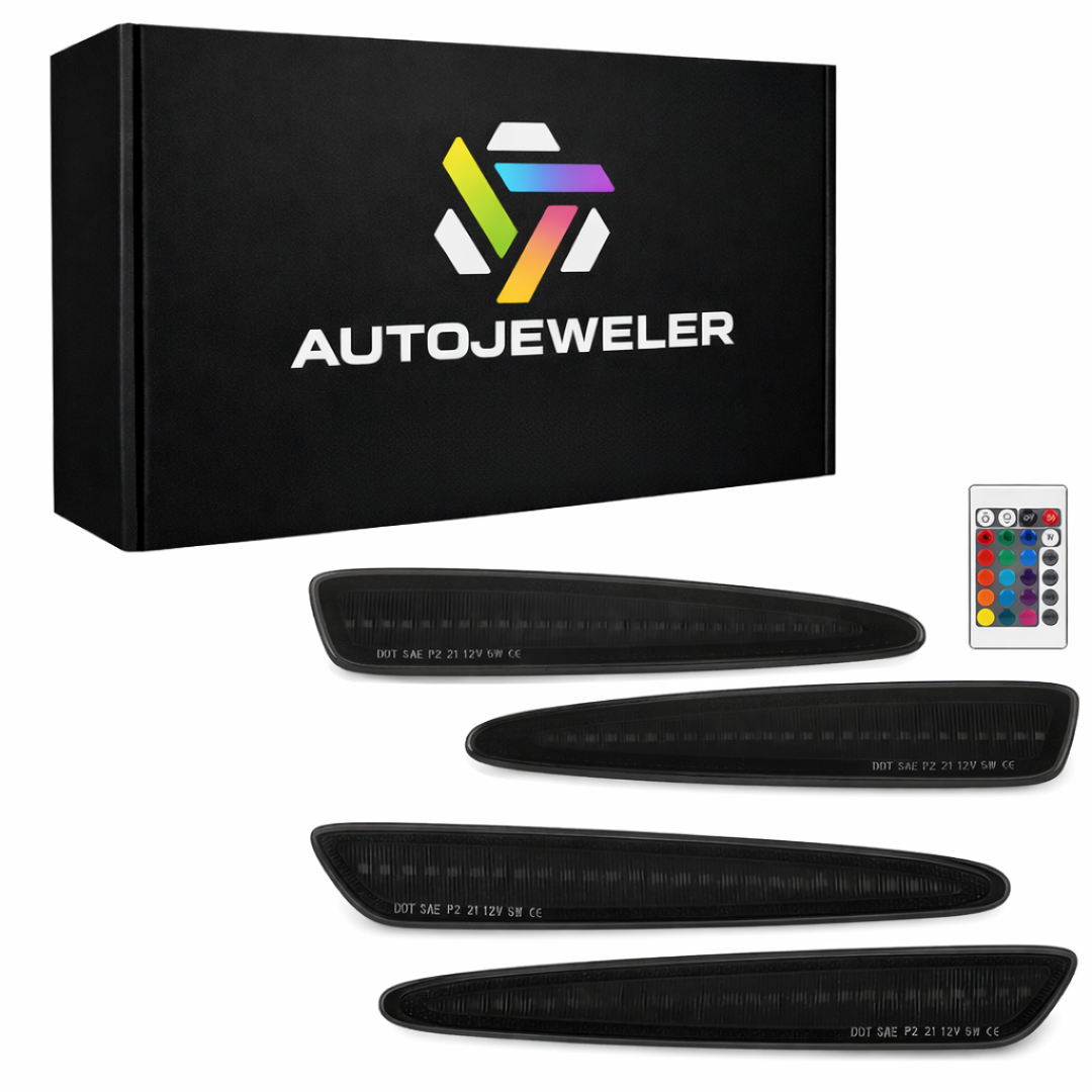 AutoJeweler RGB LED side marker light kit showing four smoked lens markers with branded packaging for Corvette C6 and C6 applications