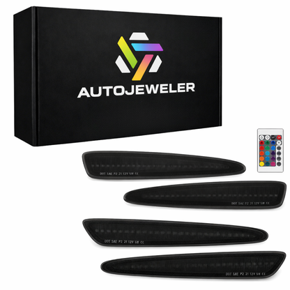 AutoJeweler RGB LED side marker light kit showing four smoked lens markers with branded packaging for Corvette C6 and C6 applications
