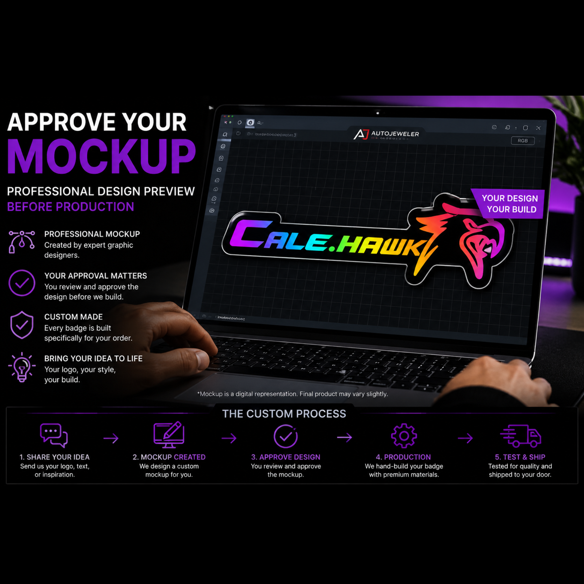 AutoJeweler custom RGB badge mockup approval image showing a professional design preview on a laptop before production, with the custom badge process from idea submission to testing and shipping.
