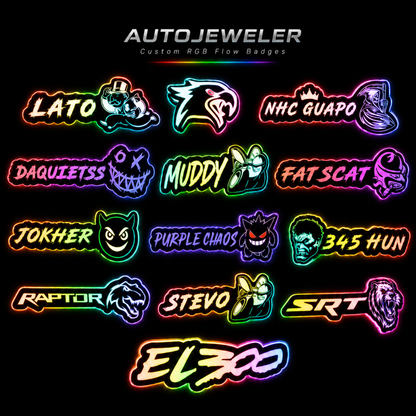 AutoJeweler custom RGB flow badges with rainbow LED glow arranged on a black background, featuring illuminated personalized automotive badge designs.